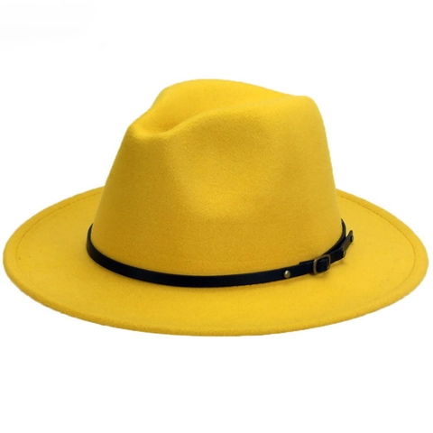 Sombrero Fedora Amarillo Vintage Para Hombre Mujer Poliéster Fieltro De Lana Ala Ancha Estilo Jazz Británico Retro Sombrero Elegante Con Cinturón De Cuero