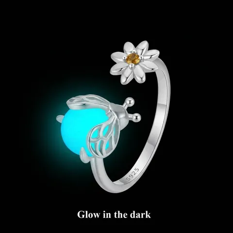 925 Sterling Silver Firefly Daisy Open Ring Glow In The Dark Rhinestone Adjustable Animal Flower Finger Ring Women Jewelry Gift