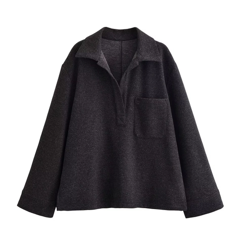 Women Casual Long Sleeve Lapel Top And High Waist Wide Leg Pants Solid Color Polyester Thick Knit Style