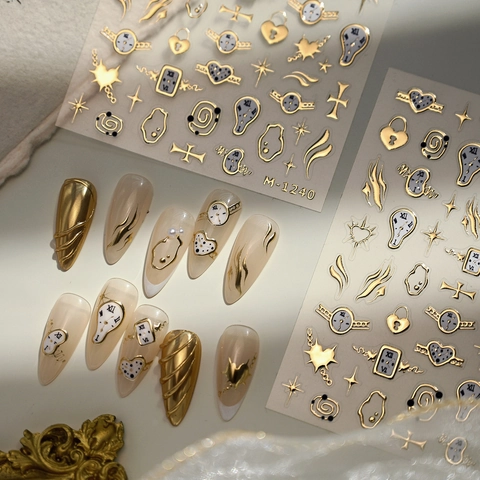 3D Metal Texture Nail Art Stickers Melting Clock Heart Star Cross Vintage Gold Luxury Relief Decals