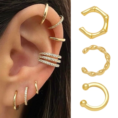 Geometrische Ohrmanschetten Vergoldetes Kupfer Ohne Loch Knorpelohrring Minimalistisch Gedrehte Bambusform Damen Mode