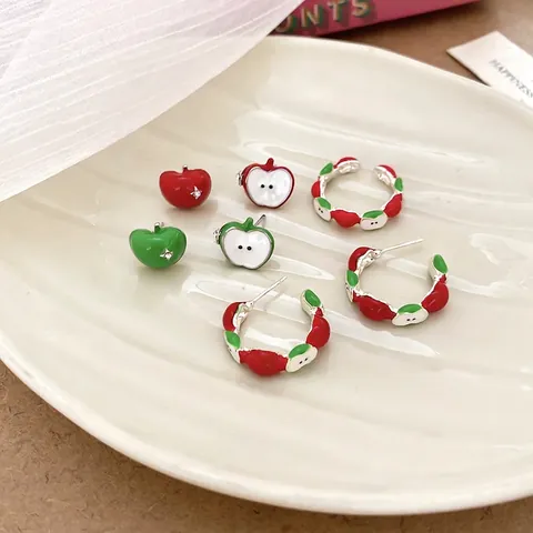 Apple Fruit Earrings Ring Enamel Alloy Stud Hoops Adjustable Finger Jewelry With Silver Earring Post Women Girls Sweet