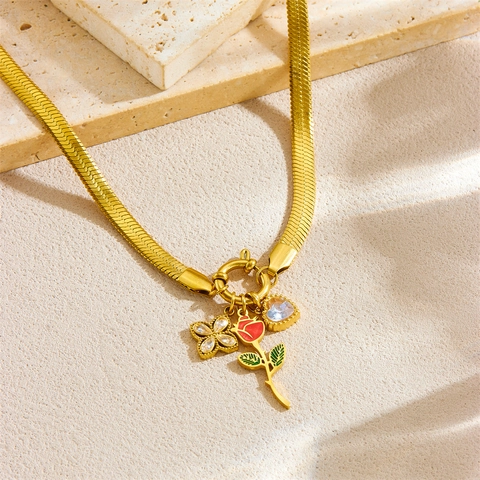 Gold Plated Stainless Steel Snake Chain Necklace With Enamel Rose Heart And Clover Rhinestone Pendants Jewelry For Women