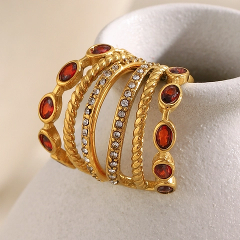 Stainless Steel Earrings 18K Gold Plated Red Zircon Clear Crystal C Shape Triple Layer Twisted Vintage Fashion For Women