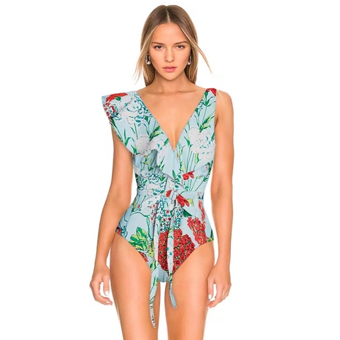 Floral Print One Piece Swimsuit Women Polyester Spandex Ruffle High Waist Beach Vacation Retro Swimwear Set