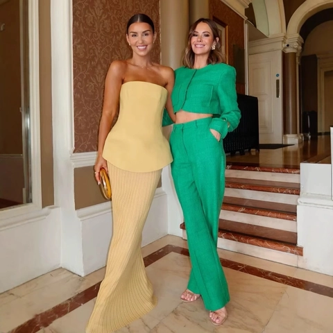 Women Strapless Tube Top And High Waist Pleated Maxi Skirt Elegant Solid Color Polyester Evening Party Outfit
