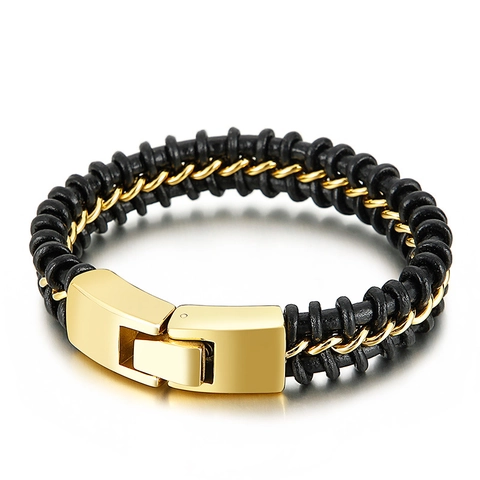 Herren Geflochtenes Lederarmband Mit Edelstahlkette Punk Hip Hop Retro Gewebtes Armband
