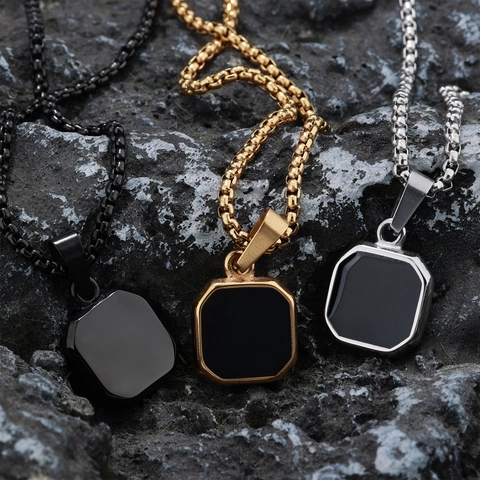 Collana Con Ciondolo Ottagono Geometrico Acciaio Inossidabile Smalto Nero Streetwear Hip Hop Trendy Catena Box Gioielli