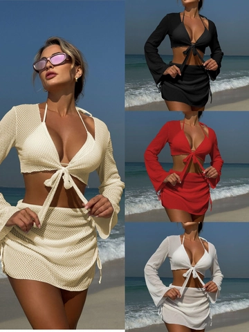 Women Mesh Bikini Halter Top And Bottom With Long Sleeve Cardigan And Drawstring Skirt Solid Color Beach Vacation