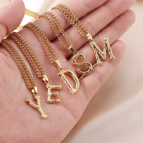 Stainless Steel Initial Letter Pendant Necklace Hammered Bark Texture Alphabet Capital Jewelry Gift Women Men Fashion