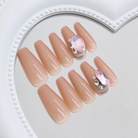 Handgefertigte Press On Nägel Nude Rosa Sarg Kunstnägel Mit Strass Und Künstliche Perlen ABS Süße Elegante Lange Künstliche Nägel