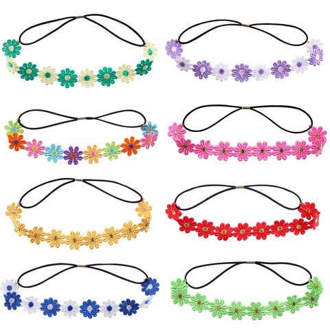 Embroidered Daisy Flower Headband Elastic Fabric Hair Band Boho Hippie Style Hair Accessories For Girls Women
