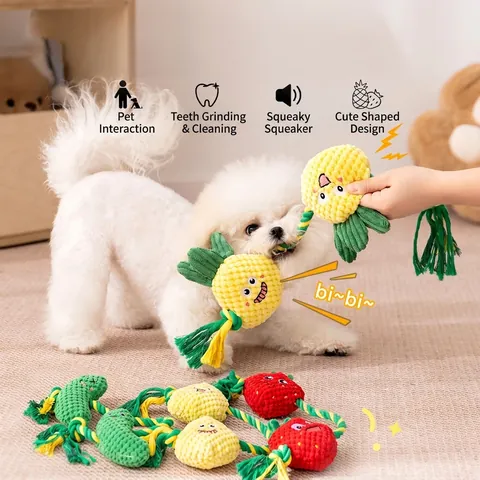 Dog Squeaky Toys Fruit Pineapple Strawberry Vegetable Plush Interactive Rope Tug Teething Chew Toys For Small Medium Dogs