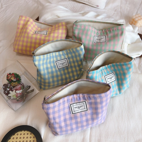 Kosmetiktasche Baumwolle Leinwand Make Up Organizer Gingham Karo Muster Reißverschluss Beutel Reise Wasch Handtasche Clutch