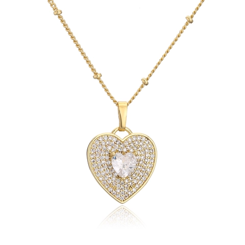 Collar Con Colgante de Corazón de Latón Chapado en Oro de 18K Circonia Incrustada Cadena de Ondas de Agua Joyería de Lujo