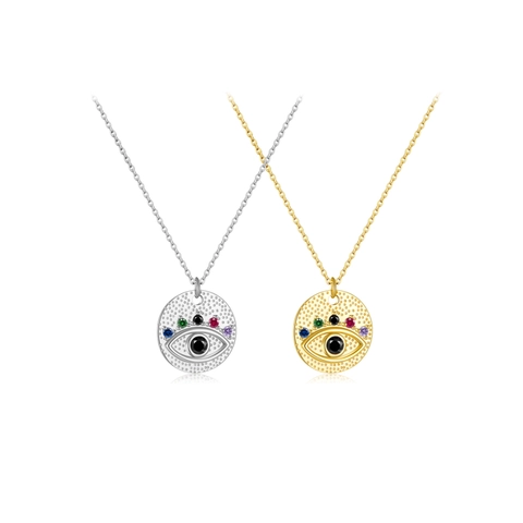 Collana Occhio Turco in Argento Sterling 925 Zirconia Multicolore Micro Intarsiato Pendente a Disco Oro Argento Gioielli Donna