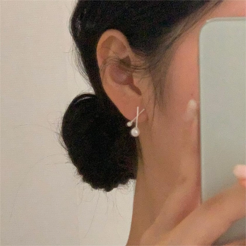 Geometric Crossed Bar Double Artificial Pearl Stud Earrings With 925 Sterling Silver Earring Post Elegant Korean Fashion For Women