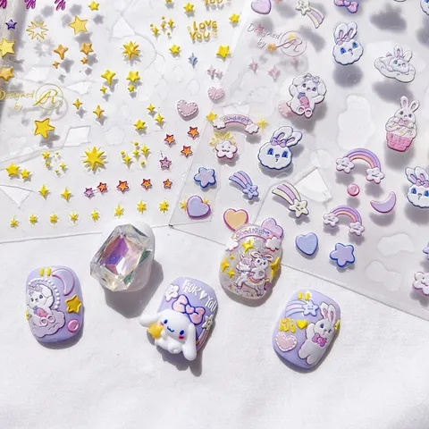 Autocollants Art Des Ongles Gaufrés 5D Japonais Mignon Lapin Dessin Animé Relief Auto-adhésif Décoration Manucure DIY