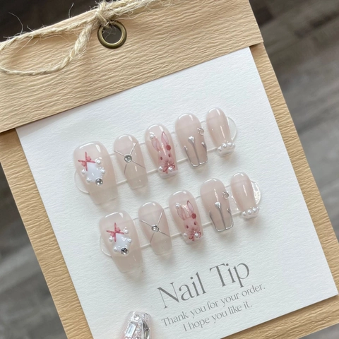 Unghie Finte Artigianali Press On Rosa Nudo Lunghe A Bara Con Decorazioni Coniglio Fiocco Künstliche Perle E Strass Donna