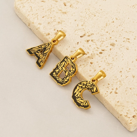 Collana Pendente Lettera Alfabeto Oro 18K Placcato Acciaio Inossidabile Texture Corteccia Smalto Vintage Gioielli Donna