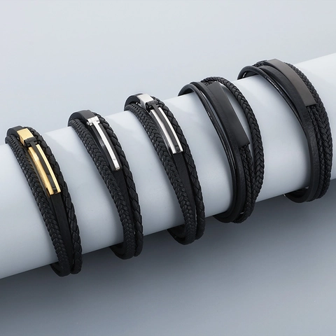 Men Multilayer Braided Bracelet Microfiber Leather Stainless Steel Magnetic Clasp Punk Industrial Fashion Jewelry