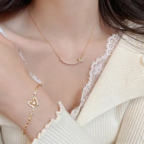 Collana E Bracciale Ciondolo Farfalla Rame Placcato Oro 18K Zircone Perla Artificial Sintetica Elegante Accessori Moda Per Donna