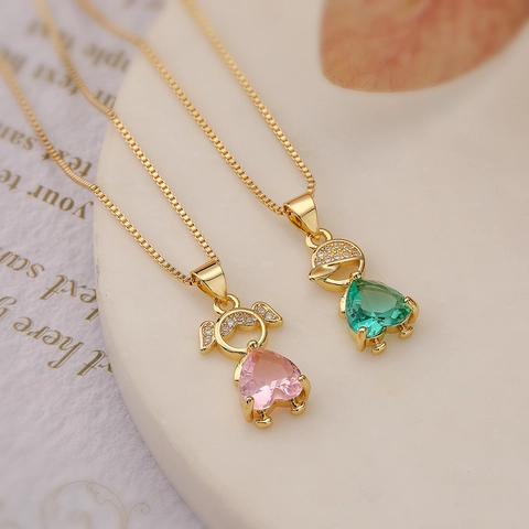 Cartoon Boy Girl Pendant Necklace Copper Gold Plated Heart Shaped Zircon Box Chain Dainty Jewelry Gift For Women