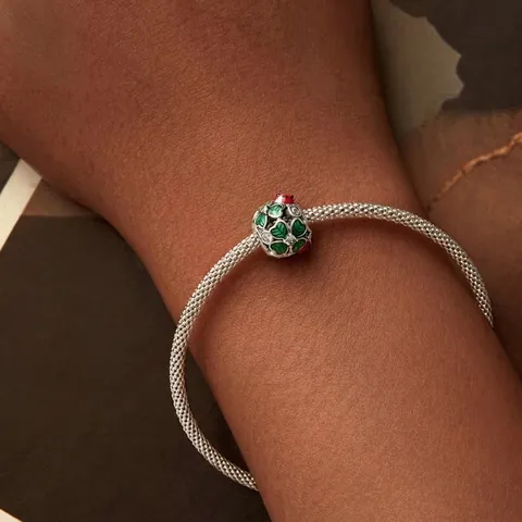 Cuenta de Amuleto Trébol de Cuatro Hojas de la Suerte de Plata de Ley 925 Esmalte Verde Mariquita Circonia Cuenta Hueca para Pulsera DIY Joyería Mujer Regalo