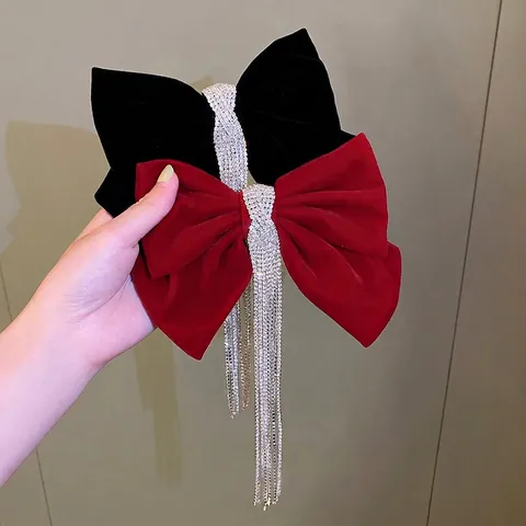 Große Samt Schleife Haarklammer Mit Langen Straß Quasten Elegante Vintage Haarspange Für Frauen