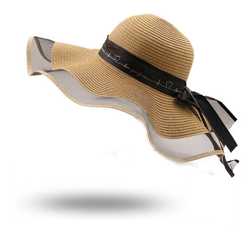 Women Wide Brim Straw Hat With Mesh Wavy Edge Beach Sun Protection Ribbon Bow Letter Print Vacation Elegant Headwear