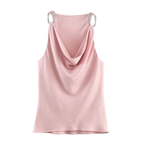 Satin Camisole Tank Top Beaded Chain Straps Cowl Neck Slim Fit Party Clubwear Pink For Women