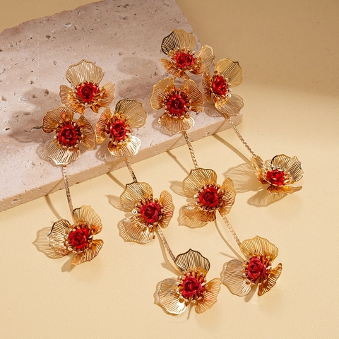 Orecchini Floreali Con Perni Argento Lunghe Nappe Petali Maglia Metallica Cava Nucleo Fiori Gioielli Eleganti Festa Per Donne