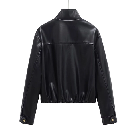 Giacca Casual da Donna in Ecopelle con Collo Rialzato e Cerniera Dorata Giubbotto Moto Biker Corto Autunno Inverno Streetwear