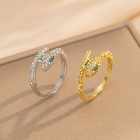 Schlangenring Kupfer Zirkonia Eingelegt Offen Verstellbar Luxus Mode Schmuck Grüne Augen Design Damen Fingerschmuck