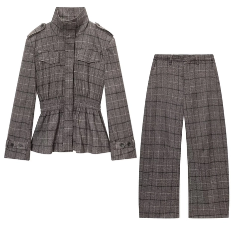 Giacca Peplum E Pantaloni Larghi A Quadri Donna Streetwear Elegante Moda Autunno Grigio