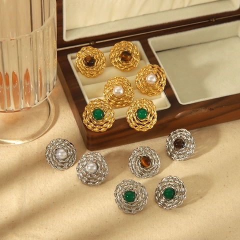 Vintage French Round Stud Earrings Woven Texture Stainless Steel With Faux Artificial Pearl Natural Stone Jewelry For Women Retro