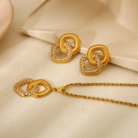 Stainless Steel Necklace And Earrings Interlocking Double Rings Spiral Texture Zircon 18K Gold Plated Waterproof Women