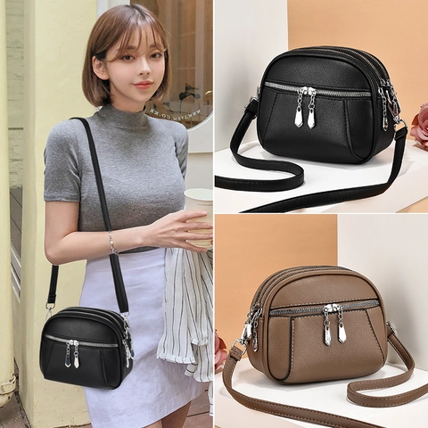 Sac Bandoulière En Cuir PU Mode Simple Pour Femme Motif Litchi Multi Couches Triple Fermeture Éclair Fonctionnel Sac À Épaule
