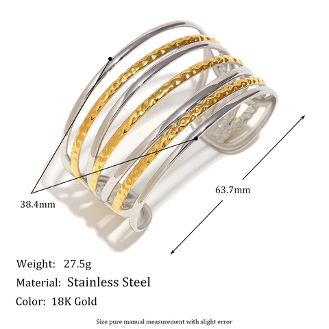 Dual-Ton Welliger Mehrlagiger Offener Armreif 18K Vergoldeter Edelstahl Gehämmerte Textur Mode Für Frauen