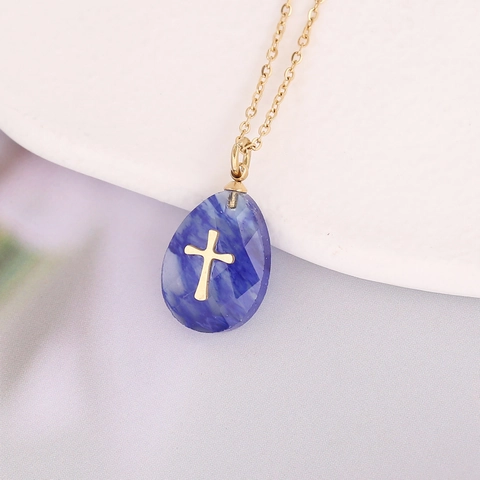 Collana Pendente Goccia Pietra Naturale Acciaio Inossidabile Placcato Oro Simboli Croce Stella Gioielli Donna