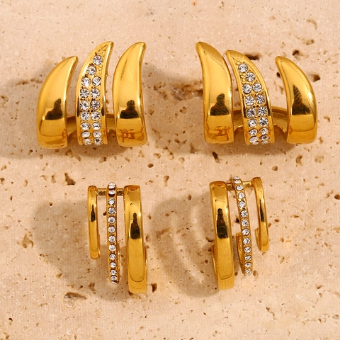 Pendientes De Botón Con Strass De Tres Filas Curvas Acero Inoxidable Chapado En Oro De 18K Diseño Envuelto Para Mujer