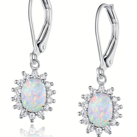 Eleganti Orecchini a Pendente Ovali in Opale Sintetico a Girasole in Rame Zirconia Placcati Oro Bianco Per Donna Gioielli Moda