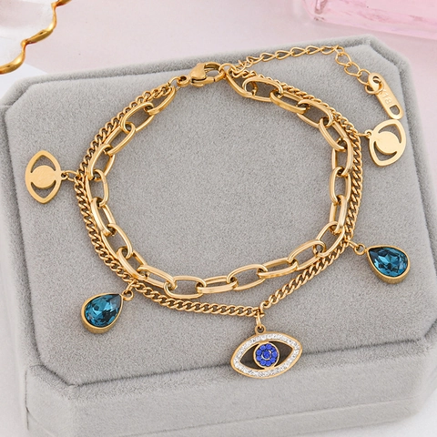 Evil Eye Necklace And Bracelet Double Layer Stainless Steel Blue Rhinestone Drop Pendant Fashion Jewelry For Women Elegant
