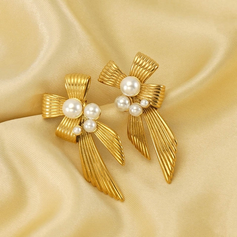 Vintage Schleife Band Ohrringe Edelstahl 18K Vergoldet Nische Design Künstliche Perle Elegant Französisch Stil Schmuck Für Frauen