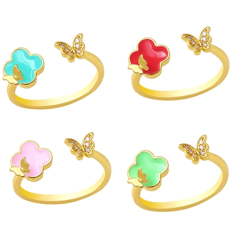 Verstellbarer Offener Ring Kupfer 18K Vergoldet Schmetterling Zirkon Emaille Kleeblatt Ins Mode Schmuck Für Frauen