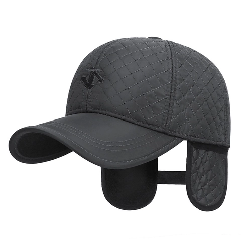 Quilted Baseball Cap With Earflaps Winter Warm Windproof Polyester Fleece Lined Outdoor Sport Hat For Men