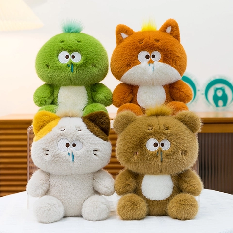 Kawaii Runny Nose Animal Plush Toy Soft Stuffed Cat Bear Fox Tortoise Doll Adorable Room Decor Desktop Ornament