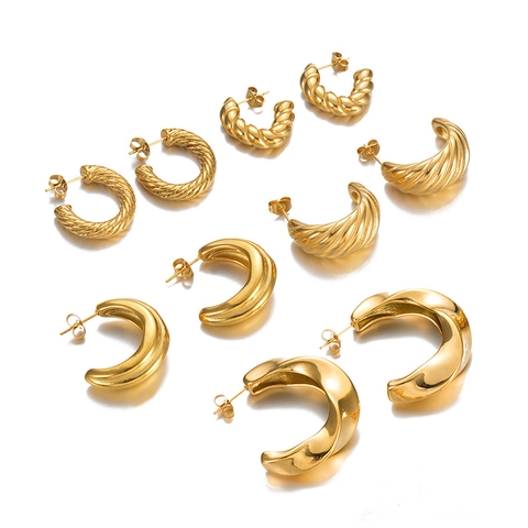 Trendy 18K Gold Plated Stainless Steel C Shape Hoop Earrings For Women Retro Twisted Geometric Chunky Ear Jewelry Waterproof