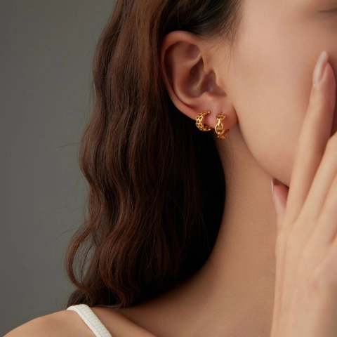 Geometric Hollow Mesh Woven Anchor Link C Shape Stud Earrings Gold Plated Stainless Steel Jewelry For Women