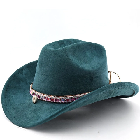 Chapeau De Cowboy Western Feutre Daim Large Bord Bande Tissée Ethnique Pendentif Coquillage Style Boho Vintage Extérieur